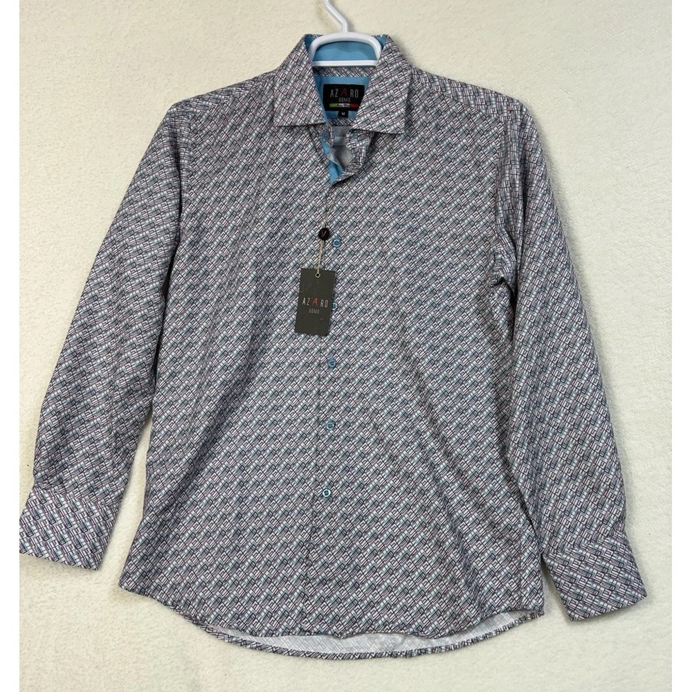 NWT Azaro Uomo Mens Shirt Sz M Long Sleeve Button Up Purple Geometric Italian‎